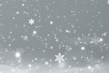 Realistic falling snow.Christmas background.Isolated on transparent background.