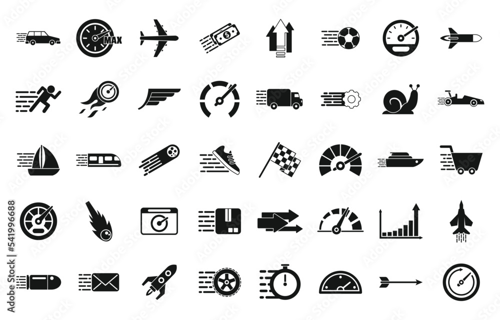 Poster velocity icons set simple vector. efficient production. plan work