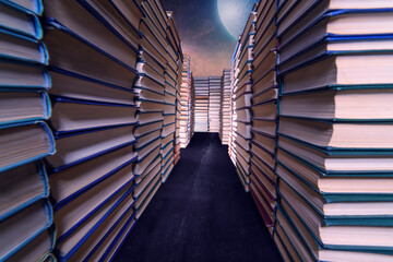 Corridor of books under a fantastic starry sky
