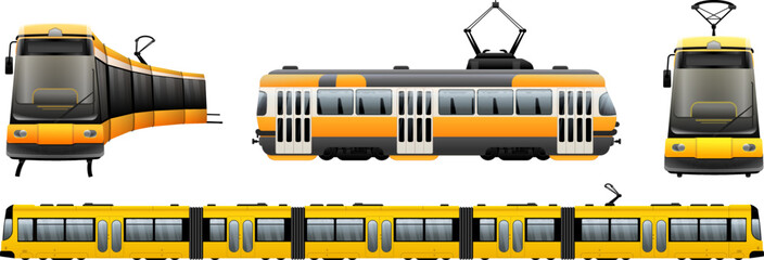 Tram car icons set cartoon vector. Tram trolley. Tramcar cable - obrazy, fototapety, plakaty