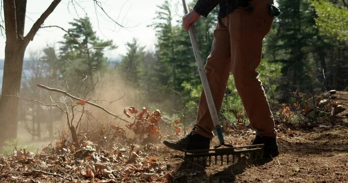 Man raking leaves outdoors in autumn fall - close up on rake