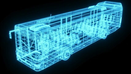 3D rendering illustration Bus blueprint glowing neon hologram futuristic show technology security for premium product business finance  