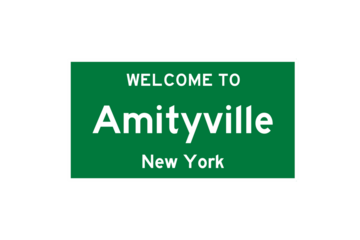 Amityville, New York, USA. City limit sign on transparent background. 