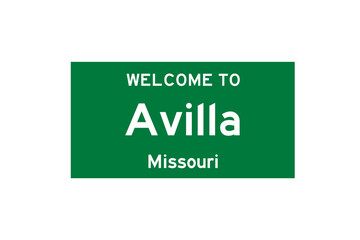 Avilla, Missouri, USA. City limit sign on transparent background. 