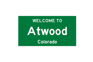 Atwood, Colorado, USA. City limit sign on transparent background. 