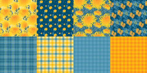 Autumn floral and plaid seamless pattern bundle. Chrysanthemum flowers rapport. Floral seamless pattern for surface design, wrap, fabric, textile, print, packing.