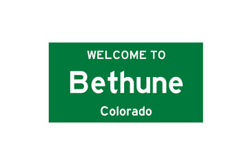 Bethune, Colorado, USA. City limit sign on transparent background. 