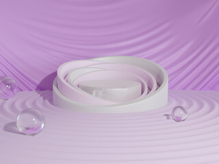 3d render design of a stand on a light pink background. template for the product in the center with petals and.glossy balls