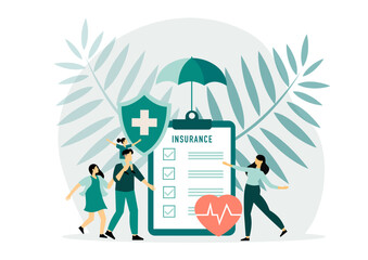 Family health and life insurance concept, flat vector illustration. Healthcare insurance policy and medical savings plan landing.