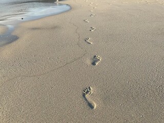 wave and footprints at sunset time on the beach