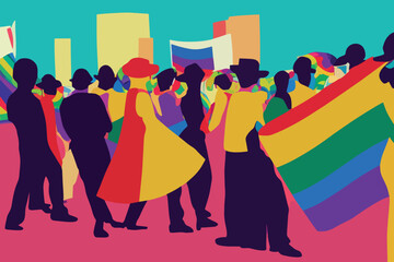 Lgbtq+ pride and tolerance people, parade, rainbow flags