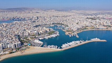 Aerial drone photo of beautiful round harbour and Marina of  Zea or Passalimani in the heart of Piraeus as seen from high altitude, Attica, Greece