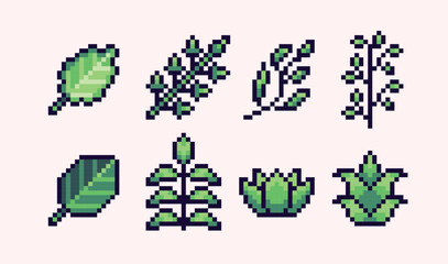 Green foliage, leaves pixel art set. Tree petals collection. Plant branches 8 bit sprite. Game development, mobile app.  Isolated vector illustration.
