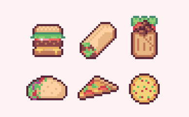 Shawarma, burger, pizza pixel art set. Fast food collection. Meat in bread, lavash. 8 bit sprite. Game development, mobile app.  Isolated vector illustration.