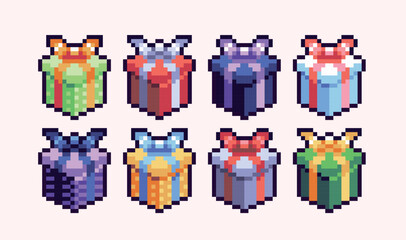 Colorful gifts pixel art set. Surprise package box collection. Wrapped present 8 bit sprite. Game development, mobile app.  Isolated vector illustration.