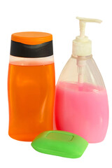 Shower gel, liquid soap plastic pump bottle and soap isolated.