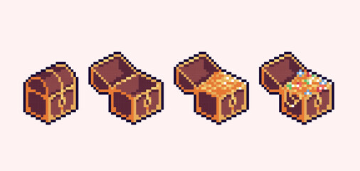Open and closed chest full of gold and jewels pixel art set. Treasure box collection. 8 bit sprite. Game development, mobile app. Isolated vector illustration.