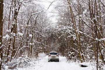 A white car drives along a forest road in winter. Concept of travel by car