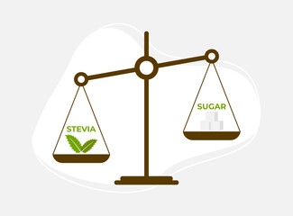 Stevia leaves and sugar cubes on scales. Choice concept. Flat vector illustration