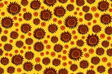 Boho fall patterns set. Sunflowers autumn pattern, checkered print, pumpkin pattern. Harvest fall background collection. Various autumn brown surface textile design, wallpaper. illustration.