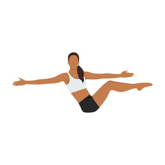 Woman doing Twisting boat pose or Navasana. Flat vector illustration isolated on white background