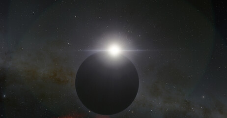 Sunrise on Pluto. Sun rays and and a planet 3d illustration background