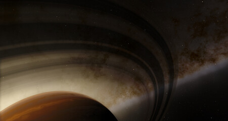 Saturn rings and stars. Sun rays and and a planet 3d illustration background © Studio-M