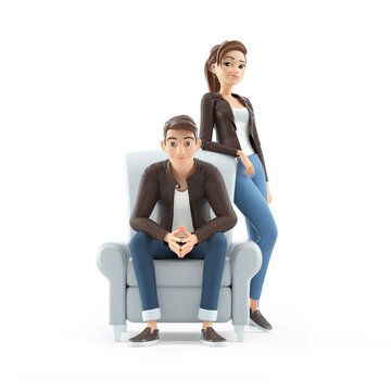 3d cartoon man sitting in armchair and woman standing next to him