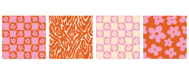 Set of groovy abstract textures seamless patterns.