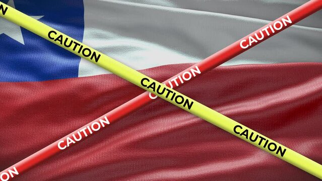 Chile national flag with caution tape animation. Social issue in country, news illustration