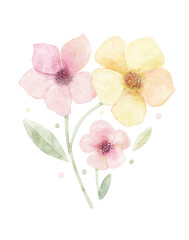 watercolor hand drawn illustration of three cute flowers, isolated