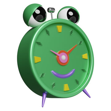 cartoon character green alarm clock wake-up time morning, concept 3d illustration or 3d render