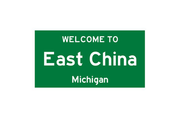 East China, Michigan, USA. City limit sign on transparent background. 
