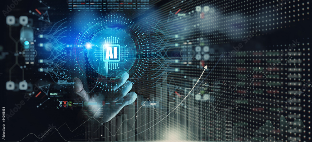 Fototapete Artificial intelligence (AI) with machine deep learning and data mining and another modern computer technologies UI by hand touching CPU icon.
