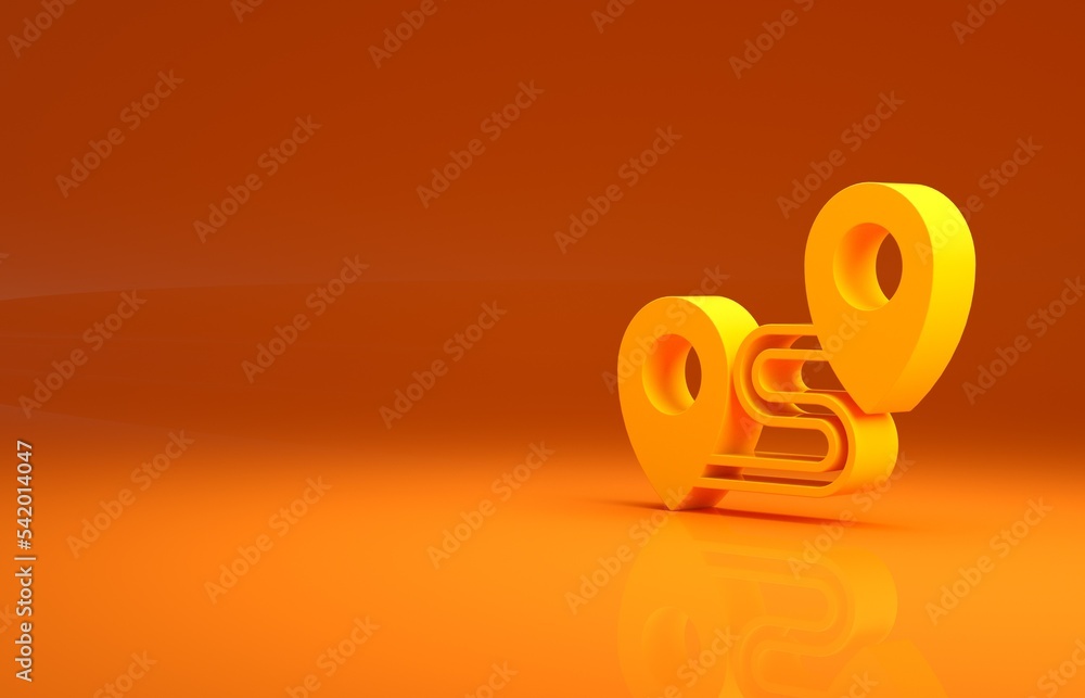 Poster yellow route location icon isolated on orange background. map pointer sign. concept of path or road.
