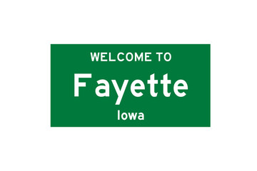 Fayette, Iowa, USA. City limit sign on transparent background. 