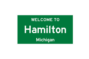 Hamilton, Michigan, USA. City limit sign on transparent background. 