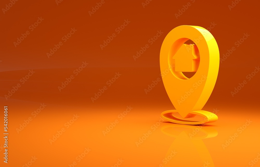 Poster yellow map pointer with house icon isolated on orange background. home location marker symbol. minim