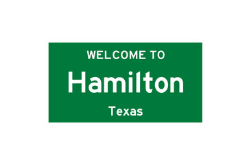 Hamilton, Texas, USA. City limit sign on transparent background. 