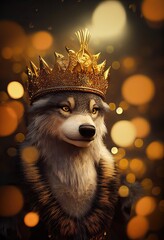 Adorable wolf king with the golden crown 3D render 