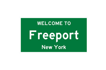 Freeport, New York, USA. City limit sign on transparent background. 