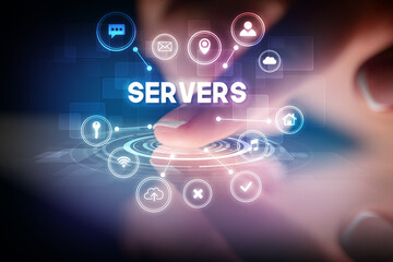 Finger touching tablet with web technology icons concept