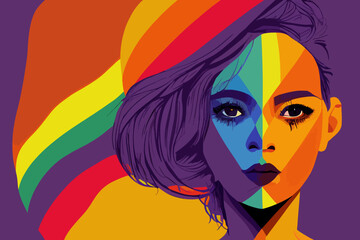 Lgbtq+ pride straight girl expresses tolerance, rainbow paraphernalia, hairstyle, flag