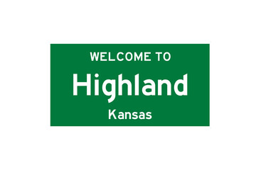 Highland, Kansas, USA. City limit sign on transparent background. 