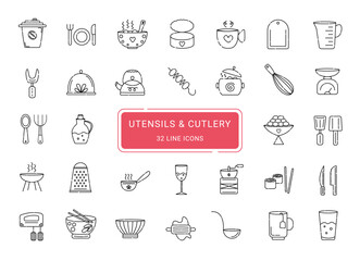 Naklejka premium Utensils and cutlery, 32 line vector icons