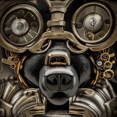 Close-up portrait of a futuristic bear. Abstract grizzly bear. Steampunk animal.