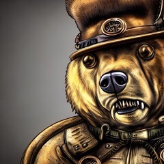 Close-up portrait of a futuristic bear. Abstract grizzly bear. Steampunk animal.