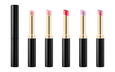 Set of colored lipsticks or lip balms. Red, pink, orange, nude lipstick mockup. 3d realistic packaging. Decorative cosmetic for lip. Blank template of containers. Vector illustration isolated on white