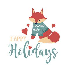 Happy holidays design template with hand-drawn vector fox