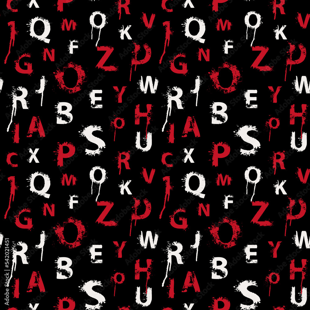Poster vector seamless pattern with abstract english letters in form of black and red paint blots and splas